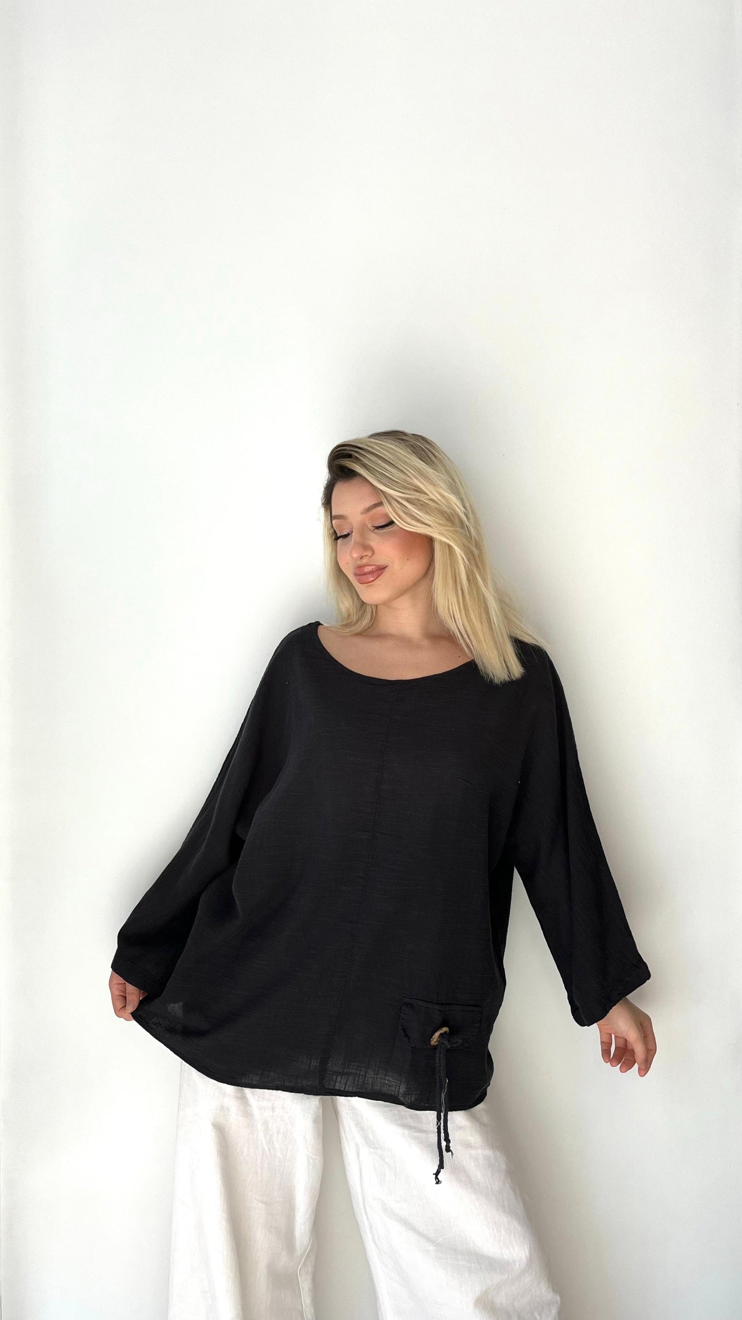 Siyah, %100 Pamuk, Rahat Kesim Bluz