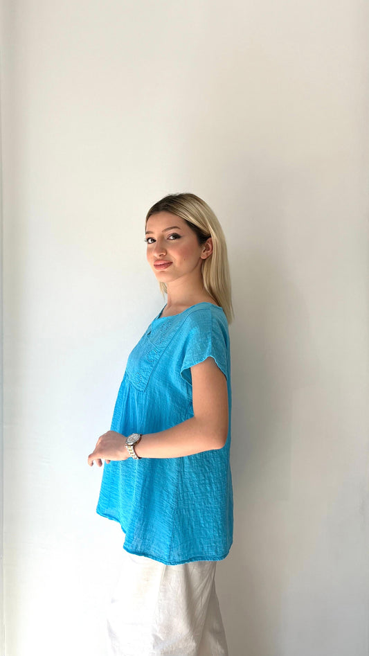 Turkuaz, %100 Pamuk, Önü Fisto Dantelli Bluz