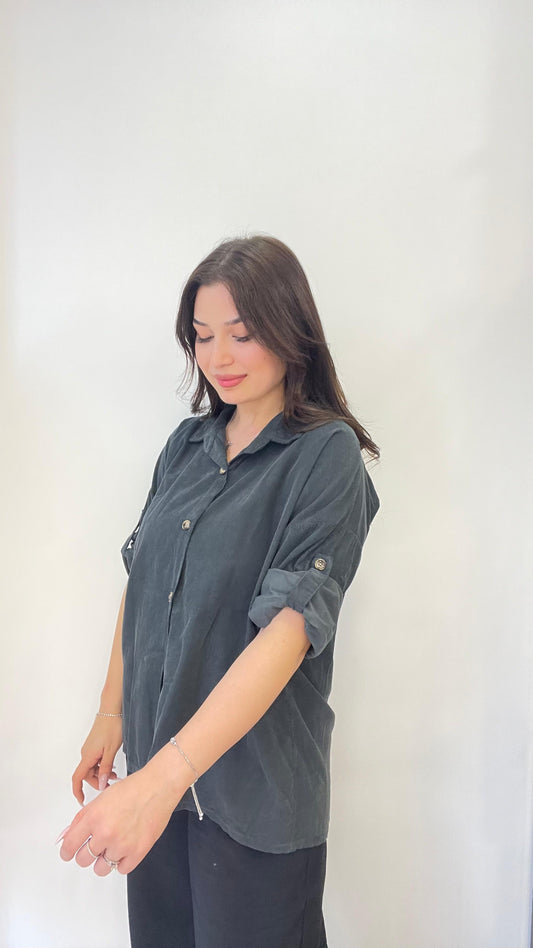 Antrasit, %100 Pamuk Kadife Gömlek