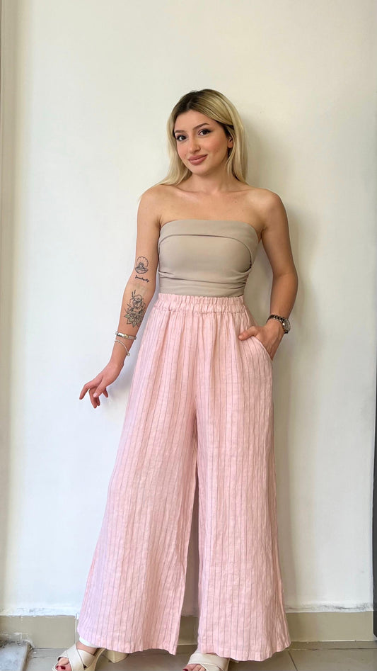 Pudra Pembe, %100 Keten, Çizgili, Beli Lastikli, Cepli, Bol Paça Pantolon