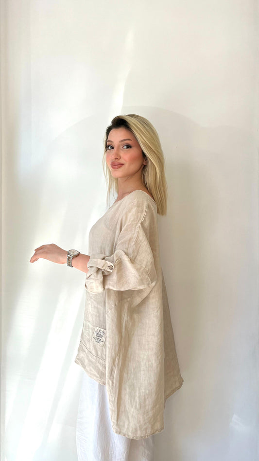 Bej, %100 Keten, Çiçek Detaylı, Arkası Uzun Bluz