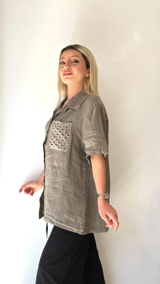 Vizon, Pamuk Fisto Detaylı, Çizgili Keten Gömlek