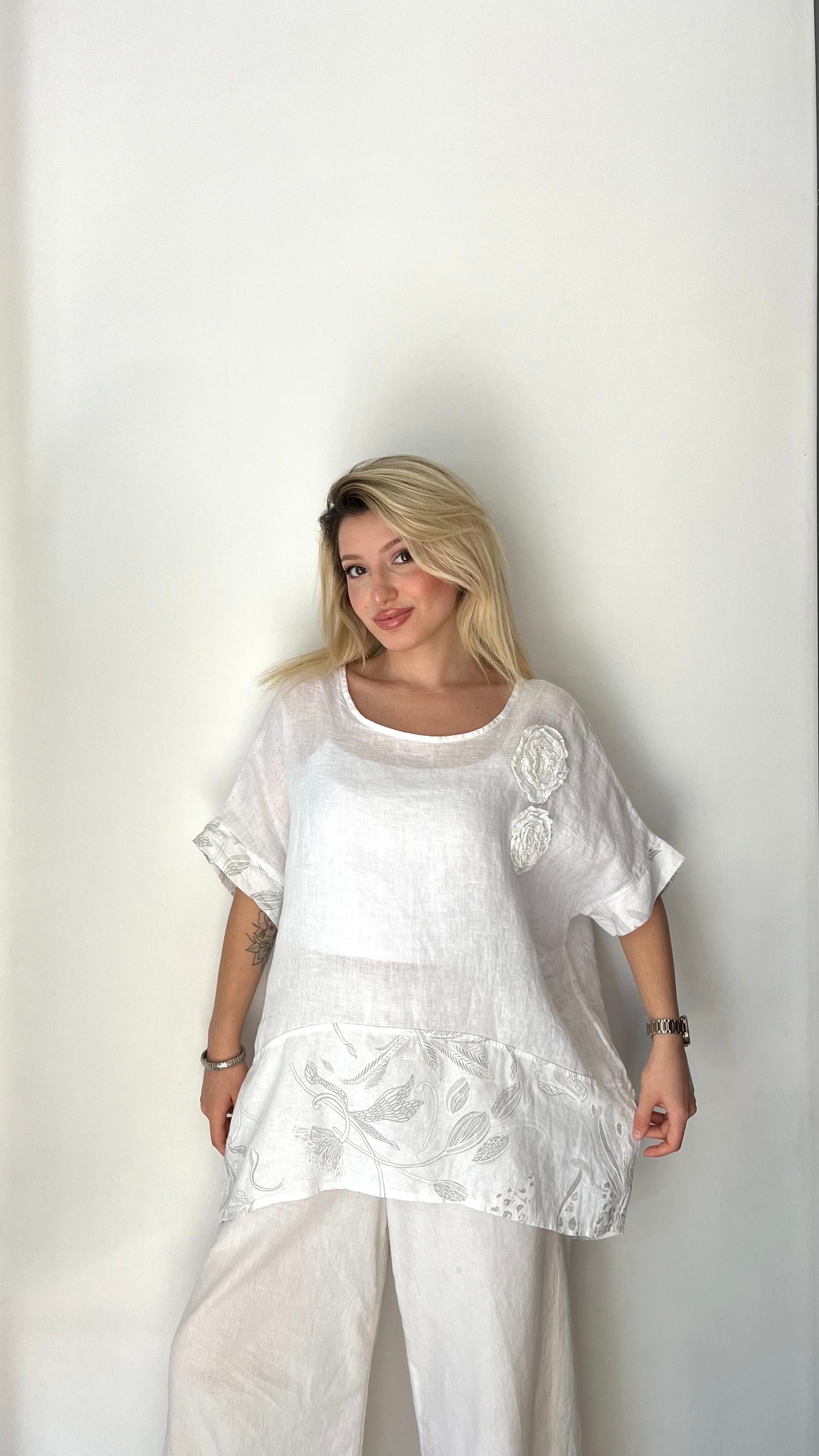 Beyaz, Yaprak Desenli, Keten Bluz