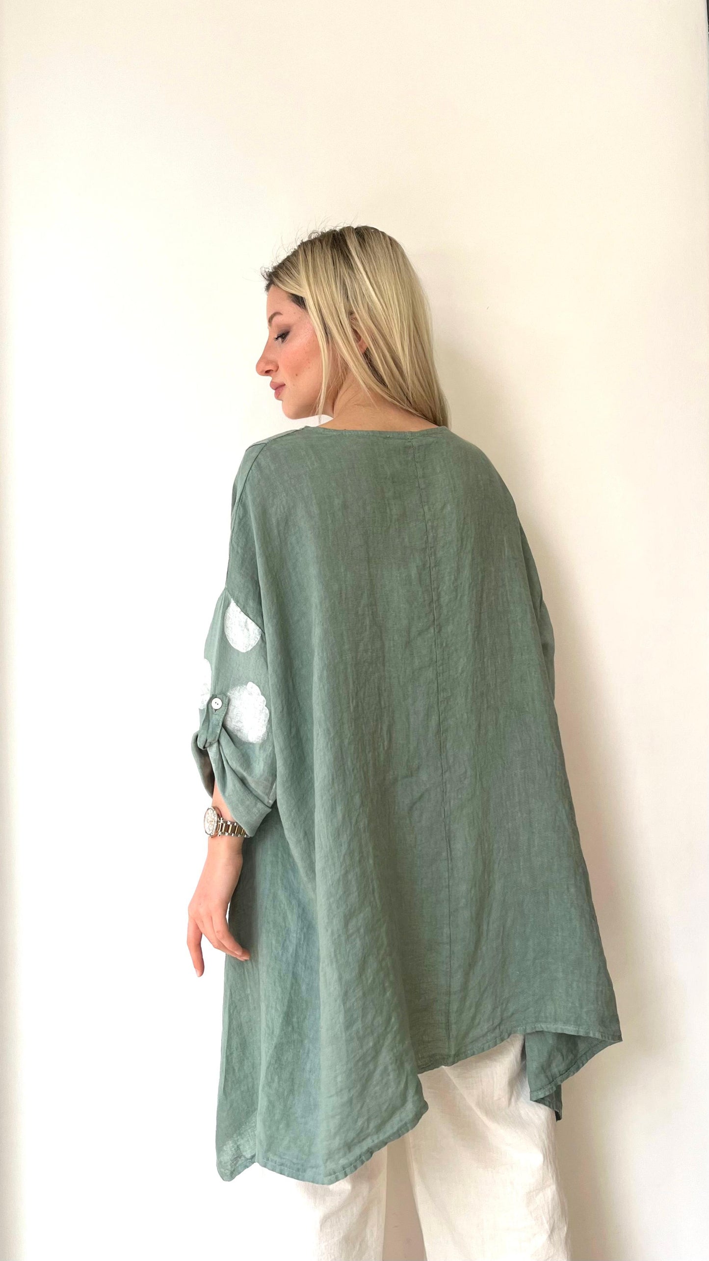 Çağla Yeşili, Puantiyeli, Oversize Keten Bluz