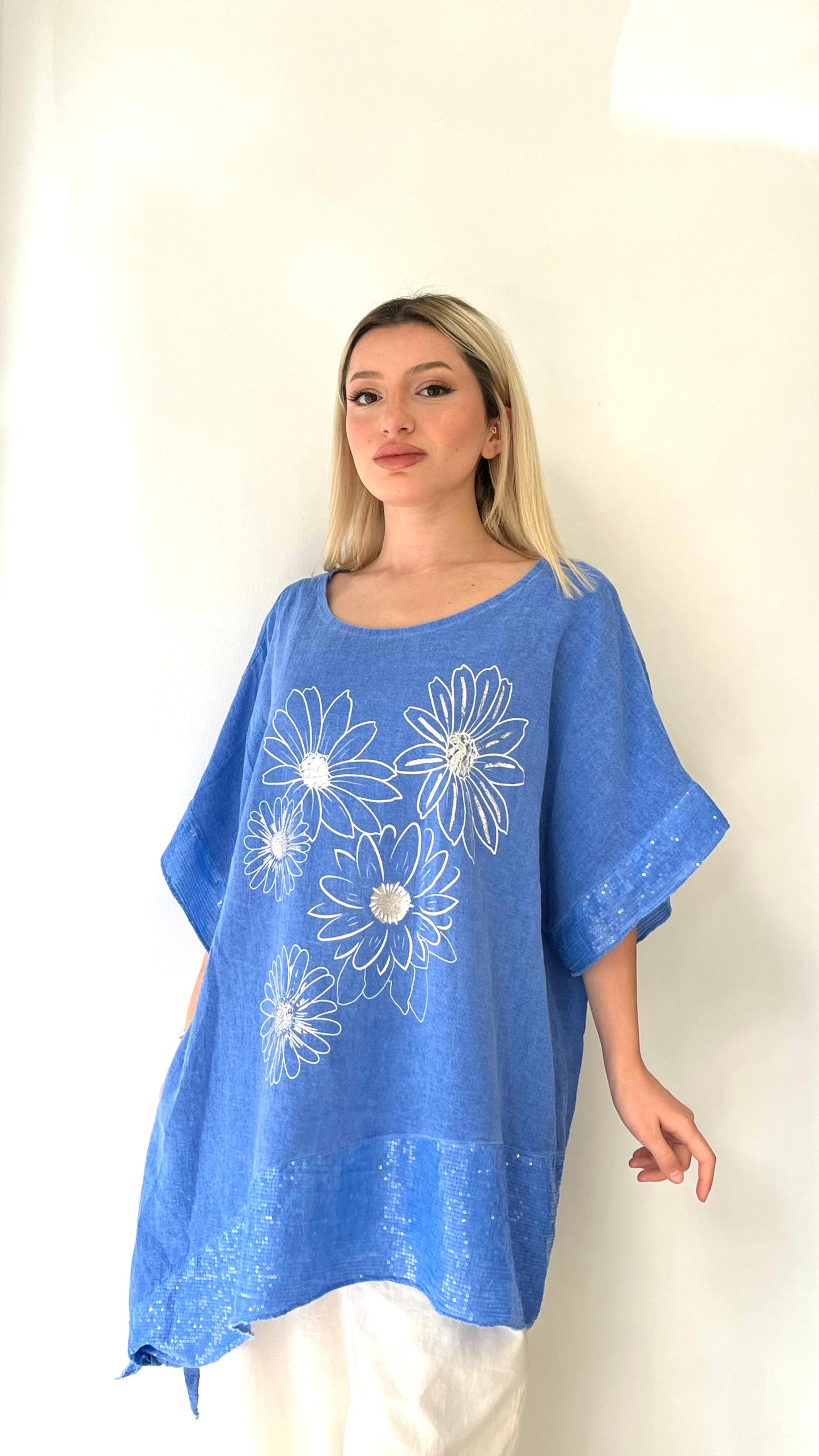 Mavi, Çiçek Desenli, Pamuk-Keten, Oversize, Payetli Bluz