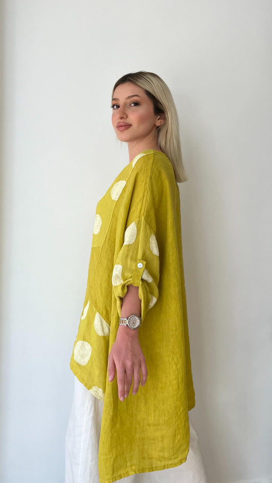 Sarı, Puantiyeli, Oversize Keten Bluz