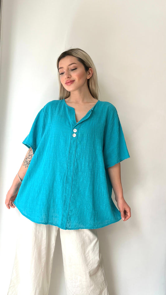Açık Petrol Mavisi, %100 Pamuk Bluz