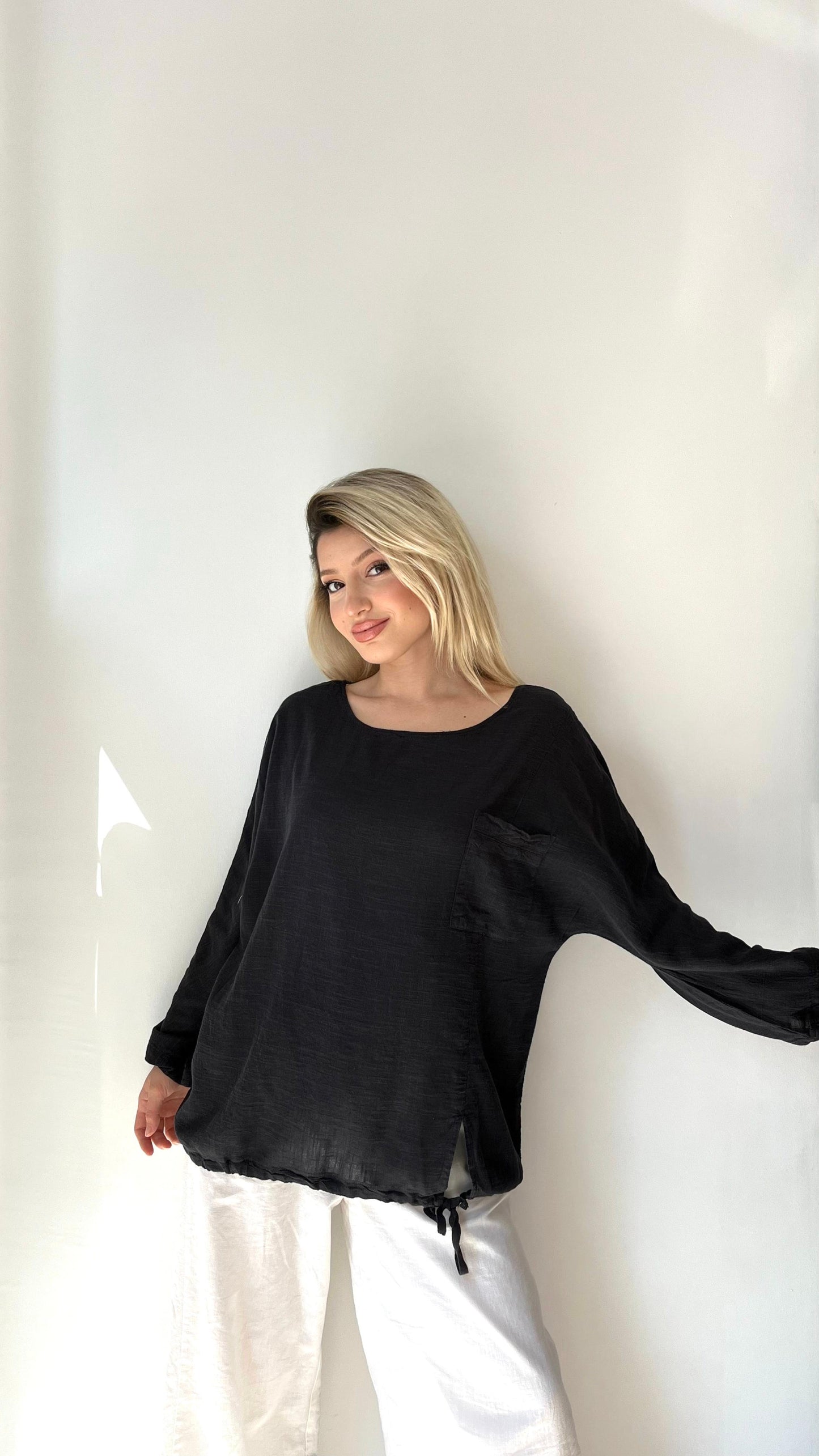 Siyah, %100 Pamuk, Beli İp Ayarlı Bluz