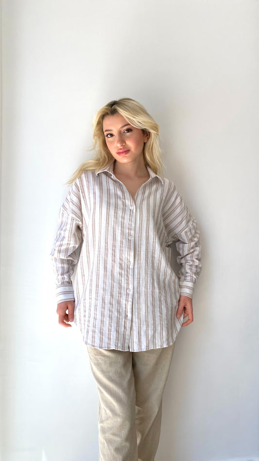 Bej, İnce Çizgili, Oversize Gömlek