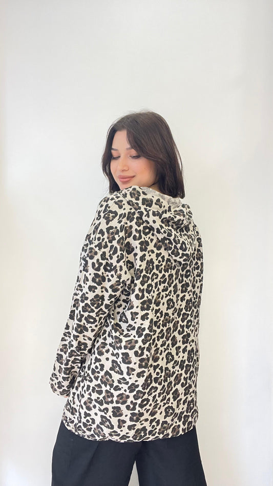 Bej, Kapüşonlu, Beli İp Bağlamalı, Cepli, Leopar Desenli, Viskon Ceket