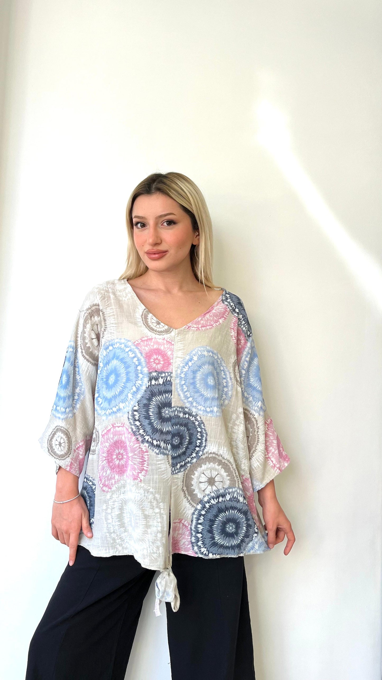 Bej, Batik Desenli, %100 Pamuk, Oversize Bluz