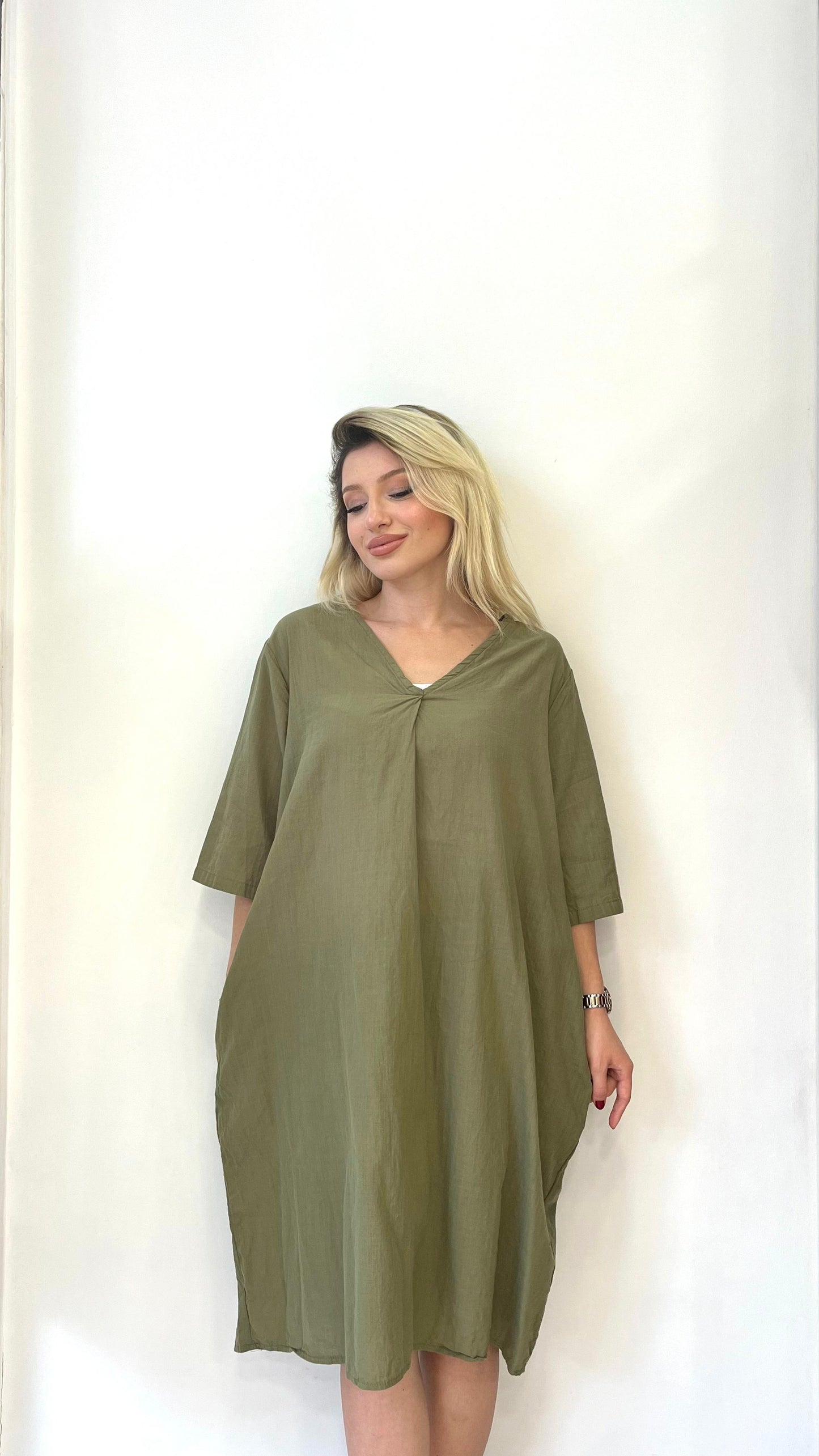 Haki, %100 Pamuk, Cepli, V Yaka Elbise