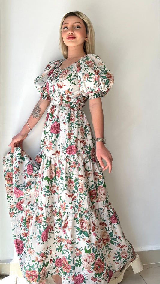 Ekru, Çiçekli, %100 Pamuk, Beli Lastikli, Uzun Kloş Elbise