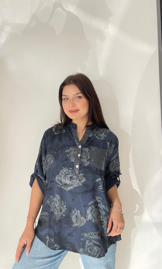 Lacivert, %100 Viskon, Gül Desenli, Payetli Gömlek