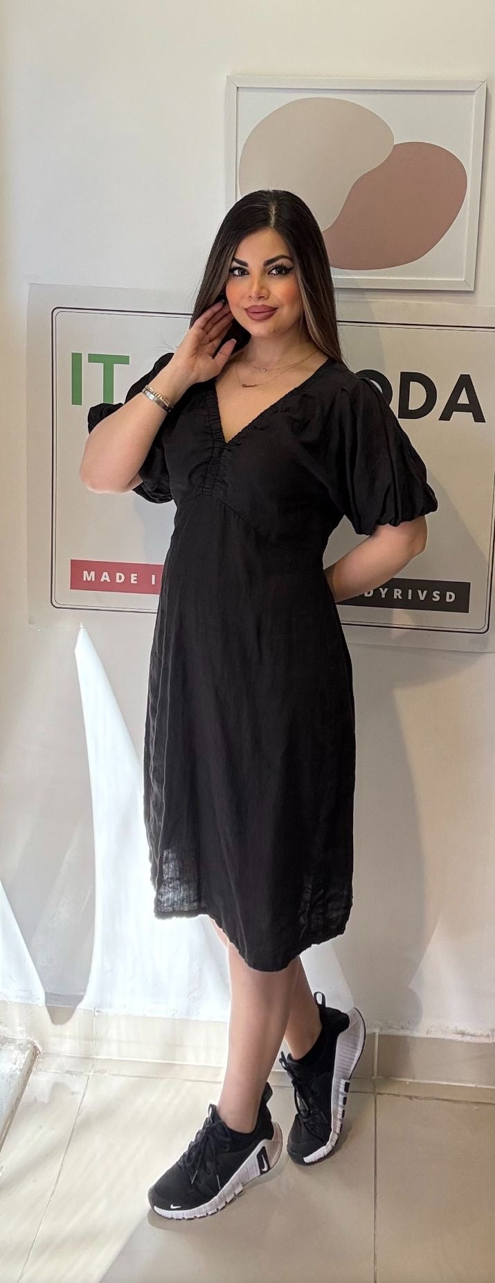 Siyah, %100 Keten, V Yaka, İtalyan Elbise / STD Beden-38/46