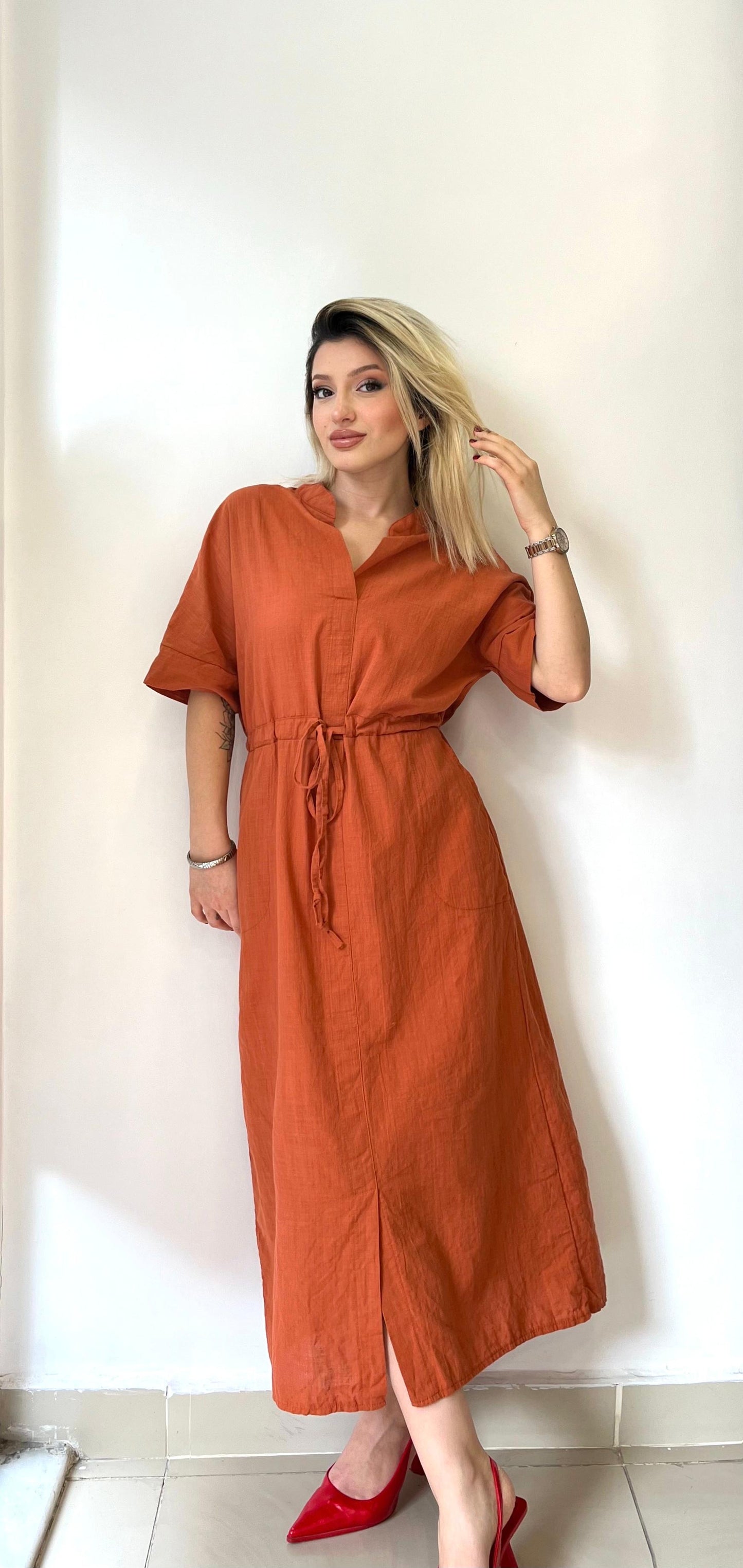 Kiremit, %100 Pamuk, Beli İp Bağlamalı, Cepli Elbise