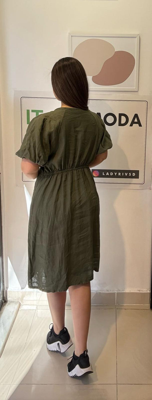 Haki, %100 Keten, V Yaka, İtalyan Elbise / STD Beden-38/46