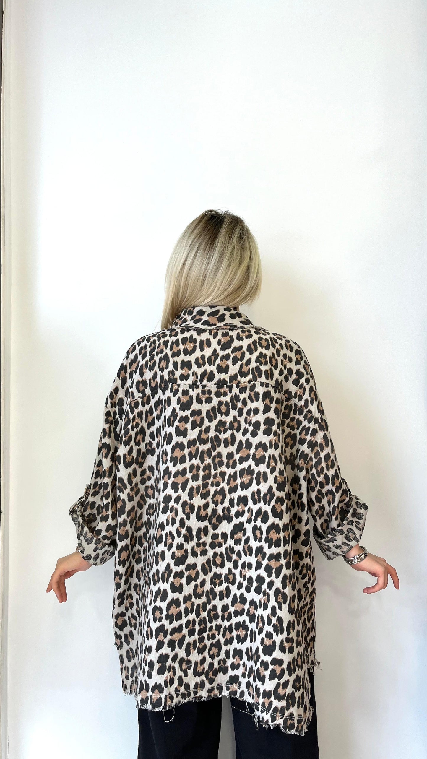 Bej, %100 Keten, Leopar Desenli Gömlek Ceket