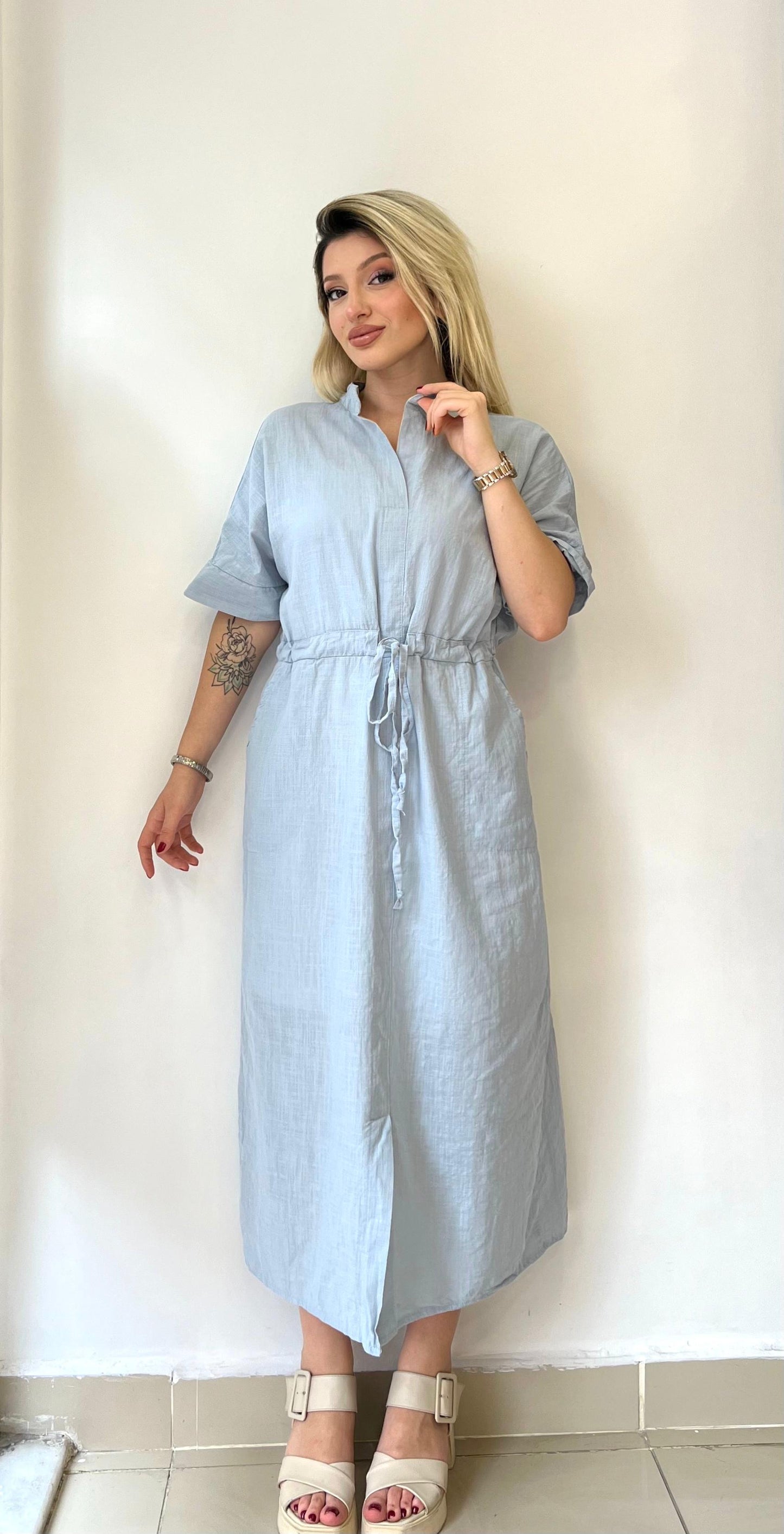 Mavi, %100 Pamuk, Beli İp Bağlamalı, Cepli Elbise