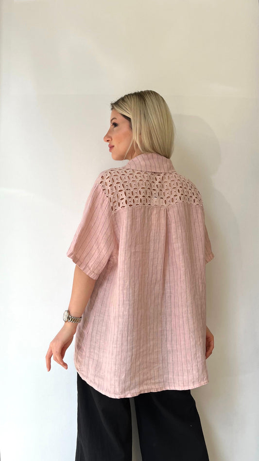 Açık Pembe, Pamuk Fisto Detaylı, Çizgili Keten Gömlek