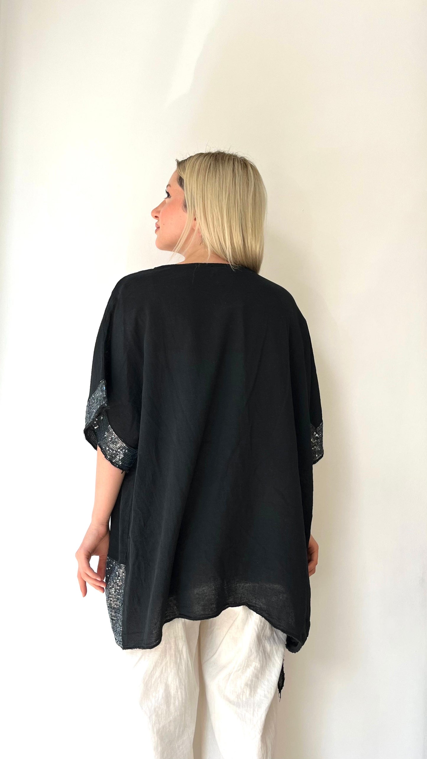 Siyah, Çiçek Desenli, Pamuk-Keten, Oversize, Payetli Bluz