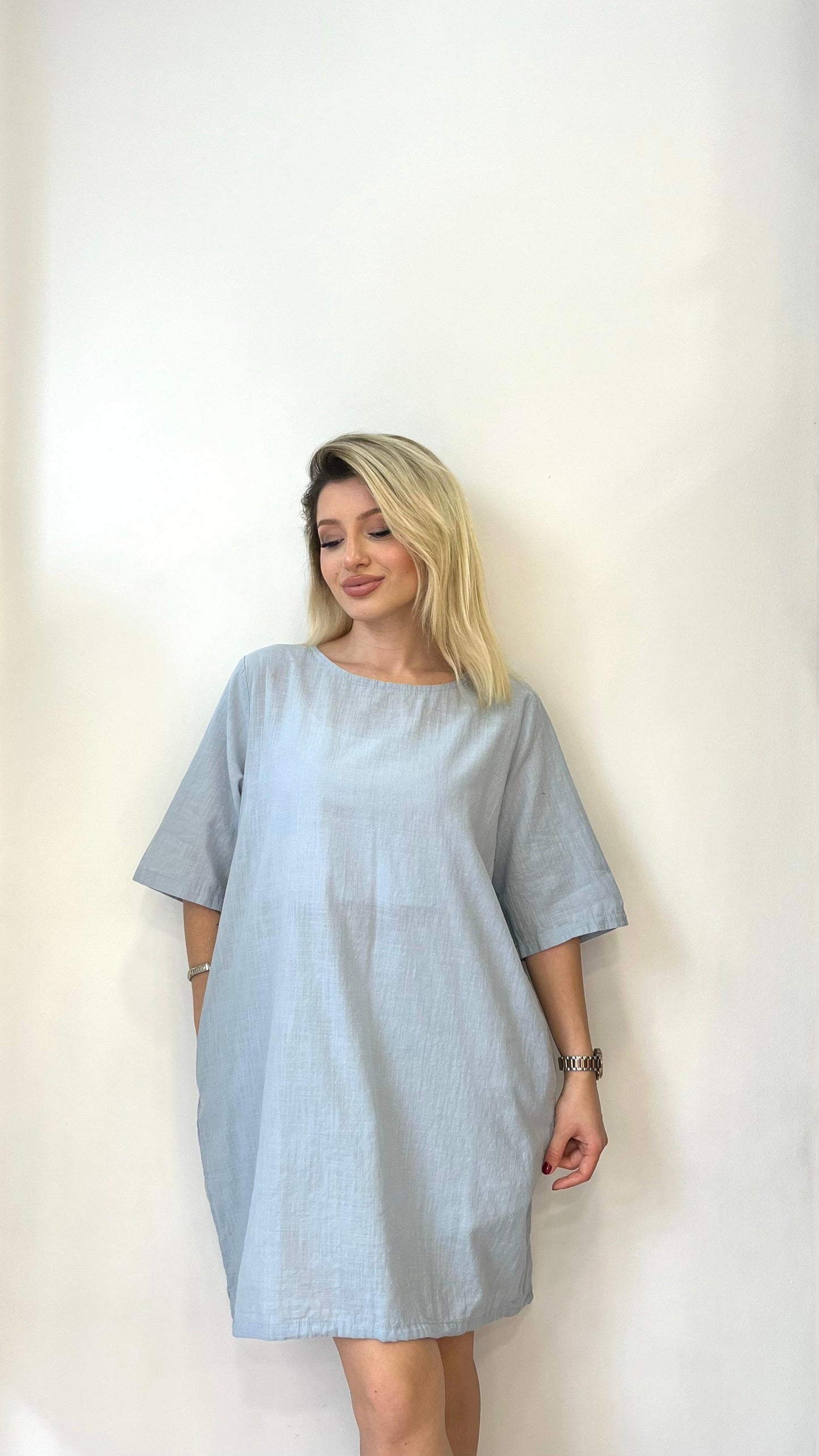 Mavi, %100 Pamuk, Etek Kısmı İp Ayarlı, Cepli, Kısa Elbise