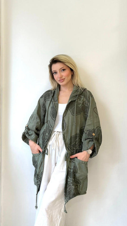 Haki, %100 Keten, Kapüşonlu, Beli İp Bağlamalı, Cepli, Çiçek Desenli Ceket