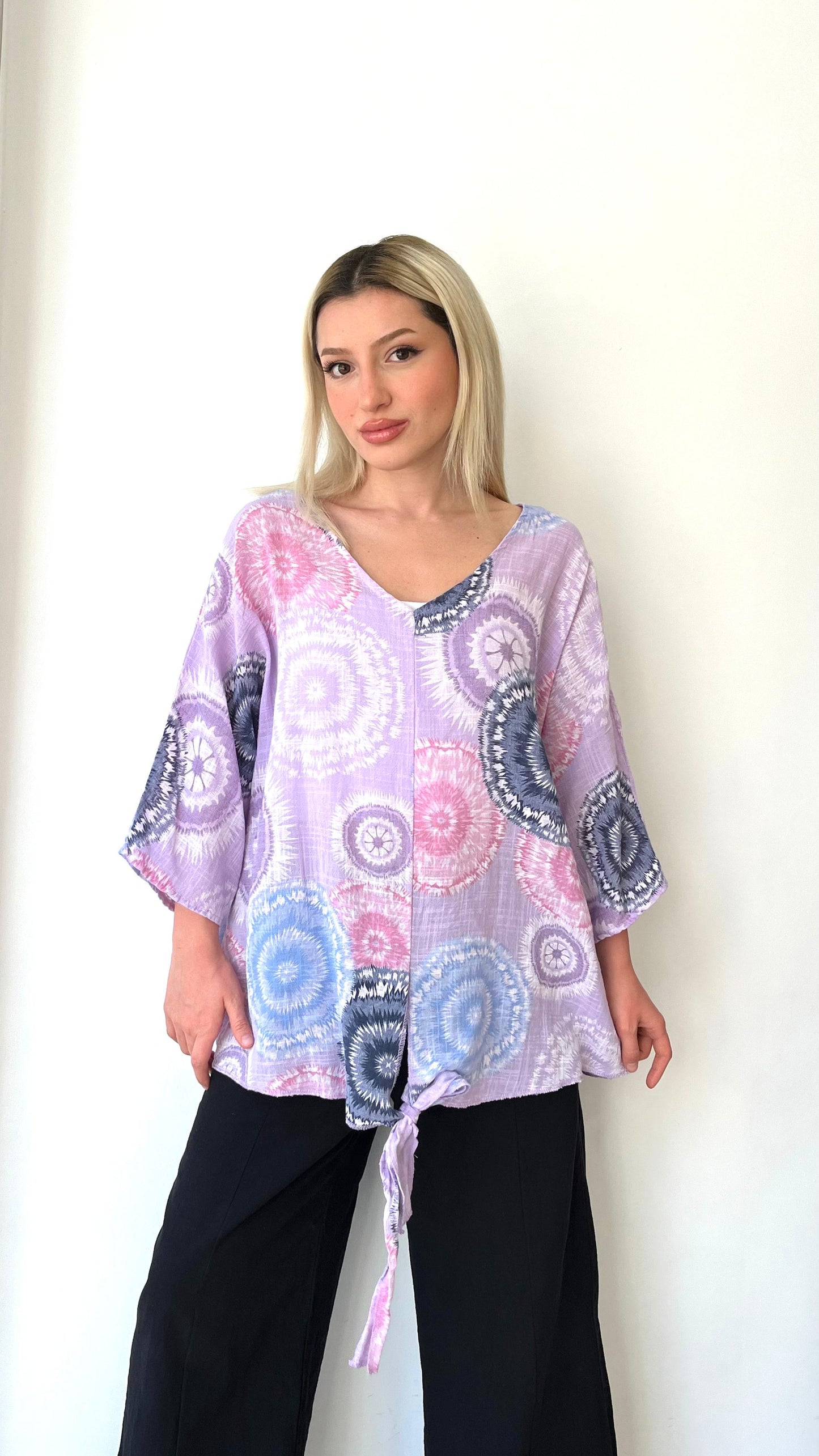 Lila, Batik Desenli, %100 Pamuk, Oversize Bluz