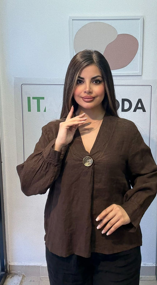 Kahve, %100 Keten, V Yaka Düğme Detaylı Gömlek, STD Beden, 38-46