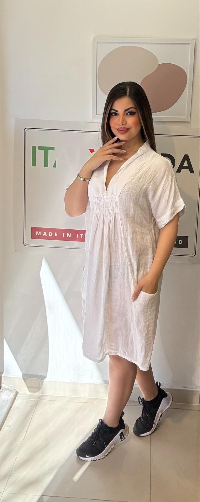 Beyaz, %100 Keten, V Yaka, Cepli, Gipeli, İtalyan Elbise / STD Beden-38/46