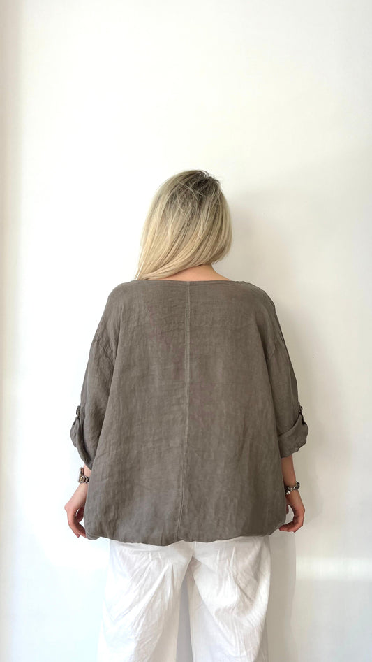 Kahve, %100 Keten, Beli İp Bağlamalı, Çiçek Baskılı Gömlek