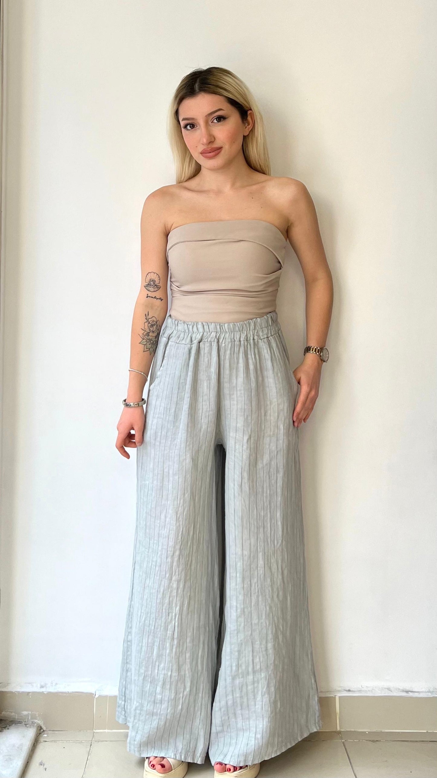 Açık Gri, %100 Keten, Çizgili, Beli Lastikli, Cepli, Bol Paça Pantolon