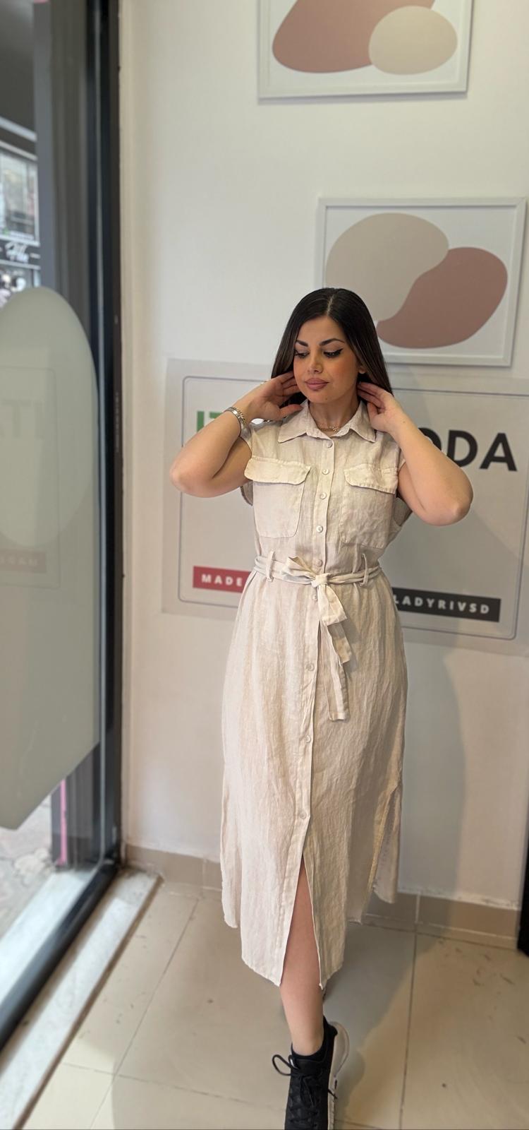 Bej, %100 Keten, Eteği Yanlardan Yırtmaçlı, İtalyan Gömlek Elbise / STD Beden-38/46