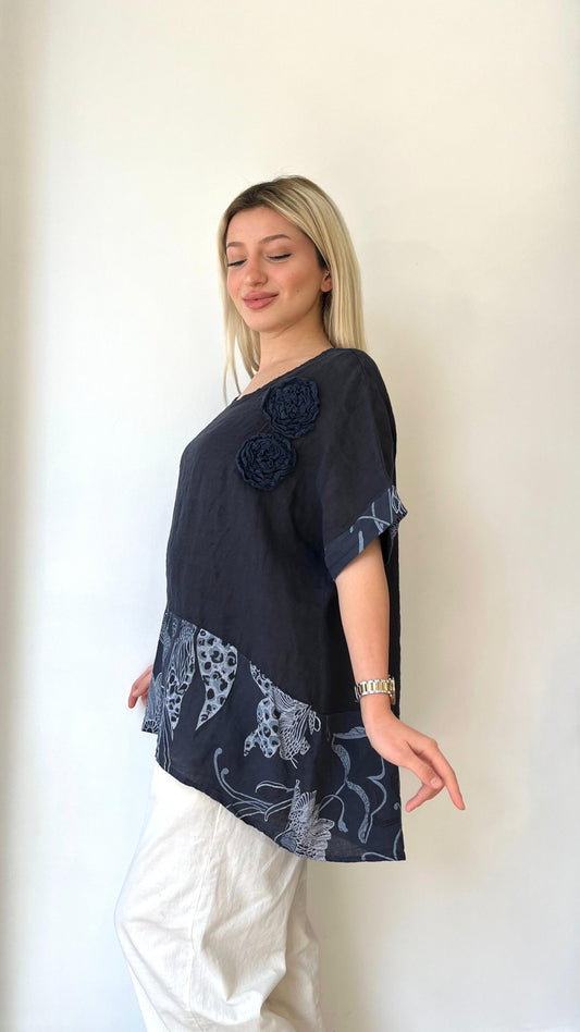 Lacivert, Yaprak Desenli, Keten Bluz