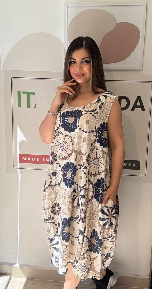 Bej, %100 Pamuk, Çiçekli, Cepli, İtalyan Elbise / STD Beden-38/46