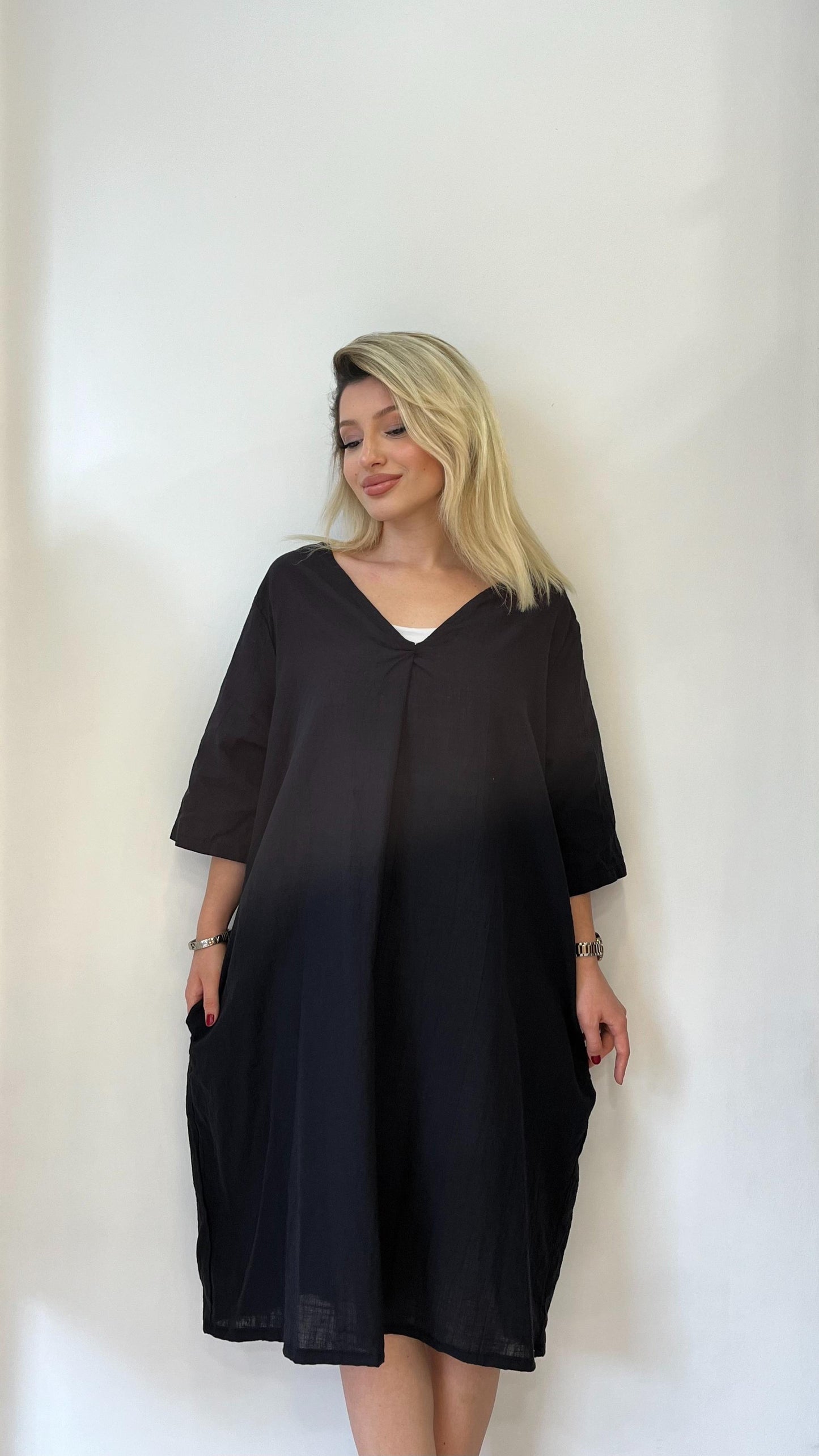 Siyah, %100 Pamuk, Cepli, V Yaka Elbise