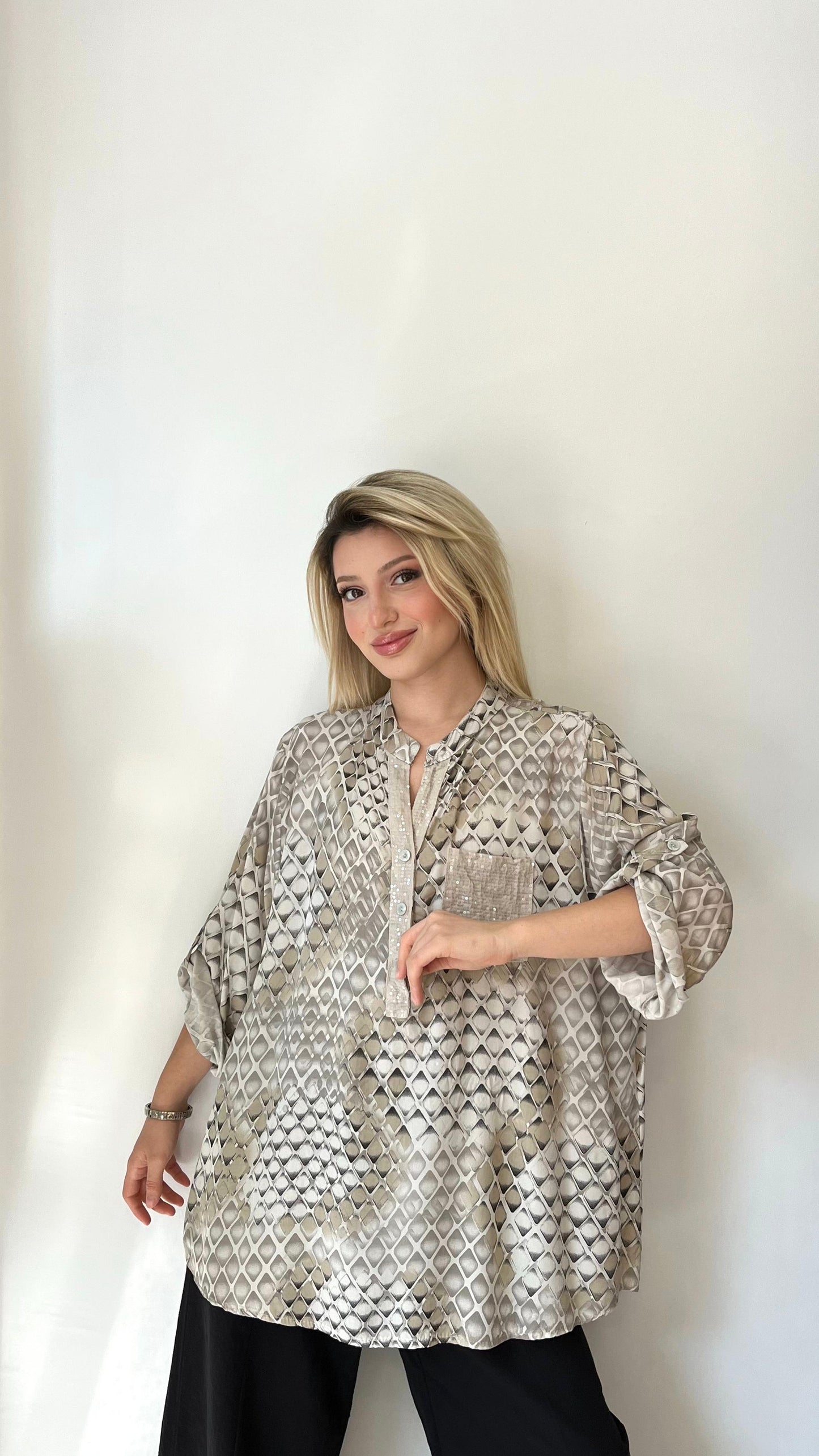 Bej, %100 Viskon, Karışık Şekilli, Payetli Gömlek