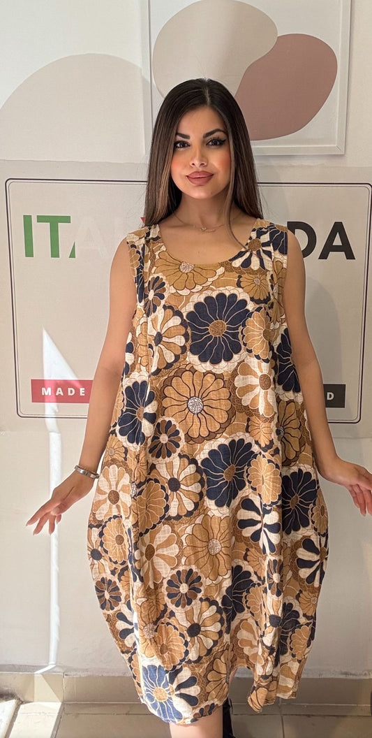Camel, %100 Pamuk, Çiçekli, Cepli, İtalyan Elbise / STD Beden-38/46