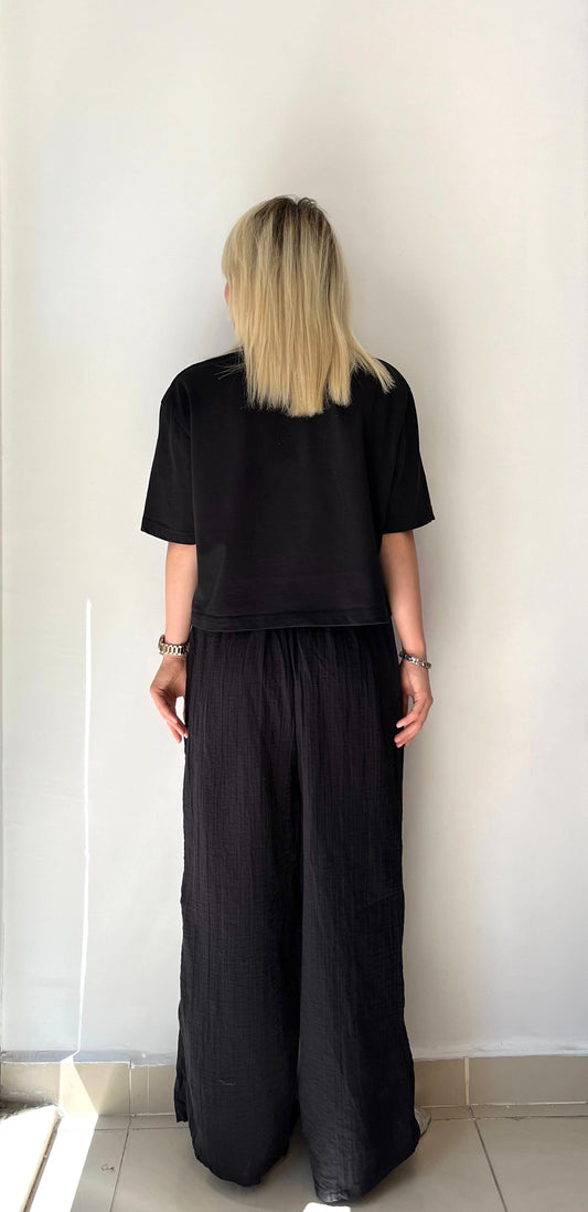 Siyah, Beli Lastikli, Cepli, Müslin Pantolon