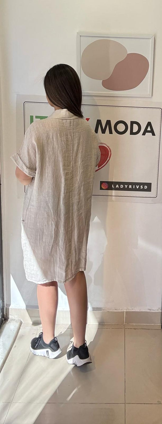 Bej, %100 Keten, V Yaka, Cepli, Gipeli, İtalyan Elbise / STD Beden-38/46