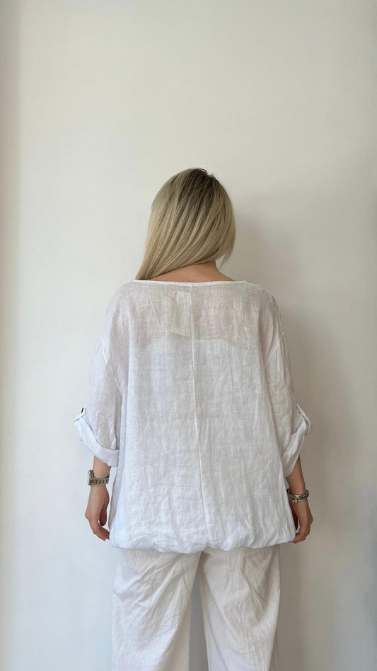 Beyaz, %100 Keten, Beli İp Bağlamalı, Çiçek Baskılı Gömlek