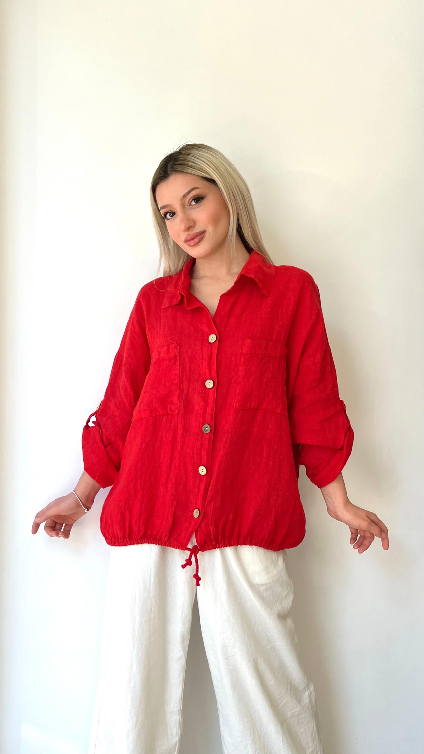 Kırmızı, %100 Keten, Beli İp Bağlamalı Gömlek