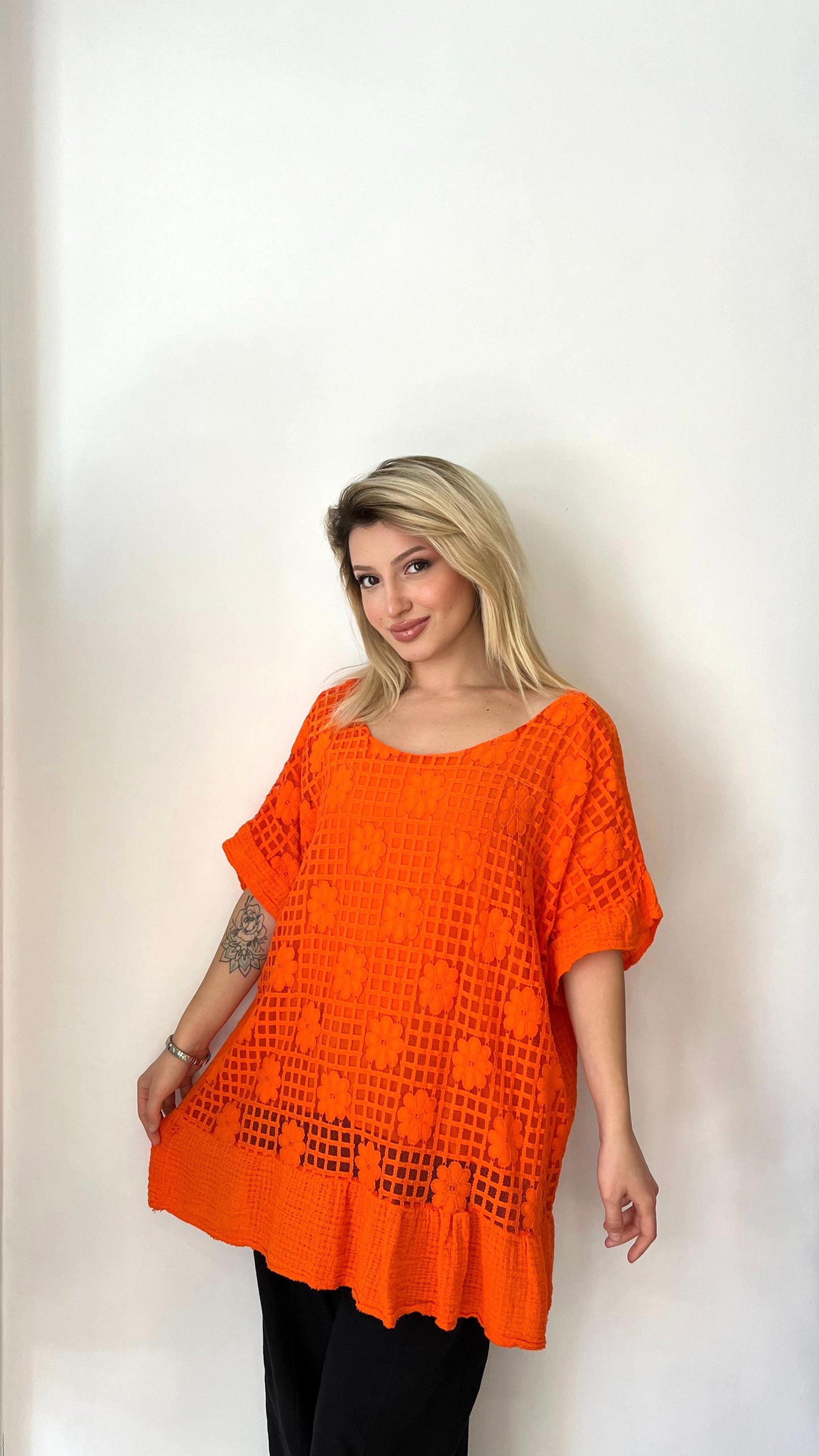 Turuncu, Pamuklu Dantel Bluz