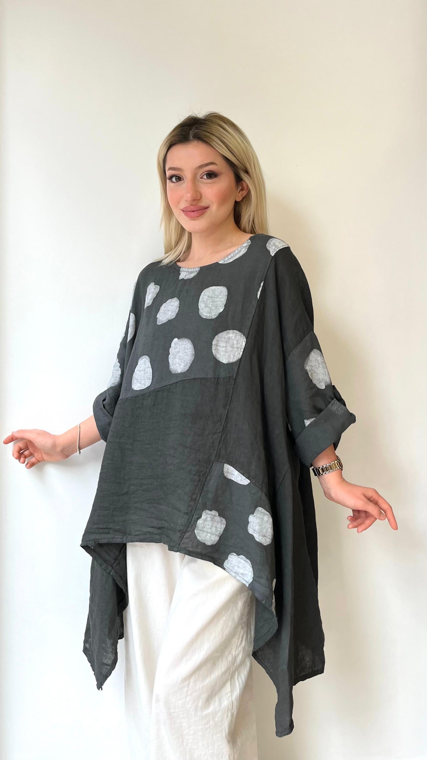 Antrasit, Puantiyeli, Oversize Keten Bluz