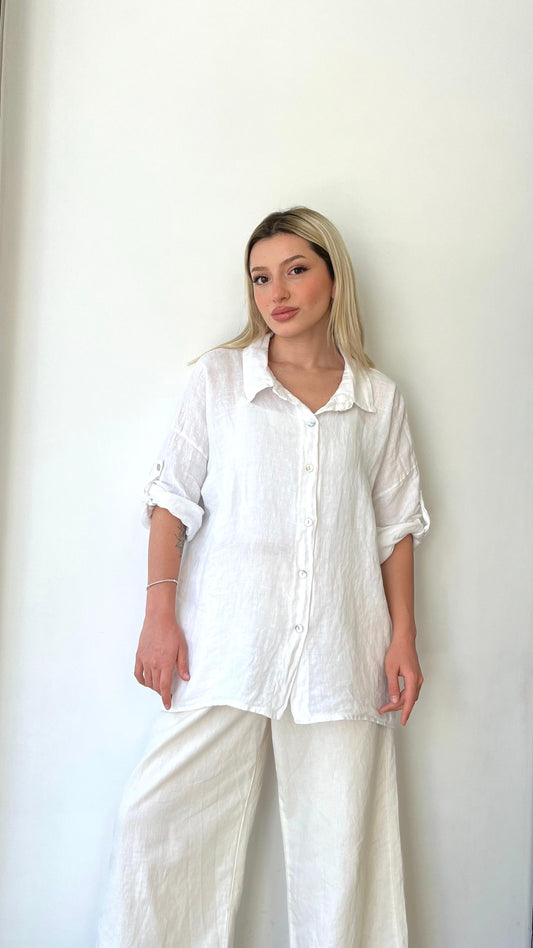 Beyaz, %100 Keten, Relaxed Fit Gömlek