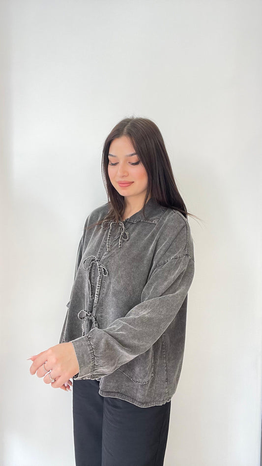 Antrasit, Önü İp Bağlamalı, Payetli Cepli, Yıkamalı, Pinterest Model Gömlek