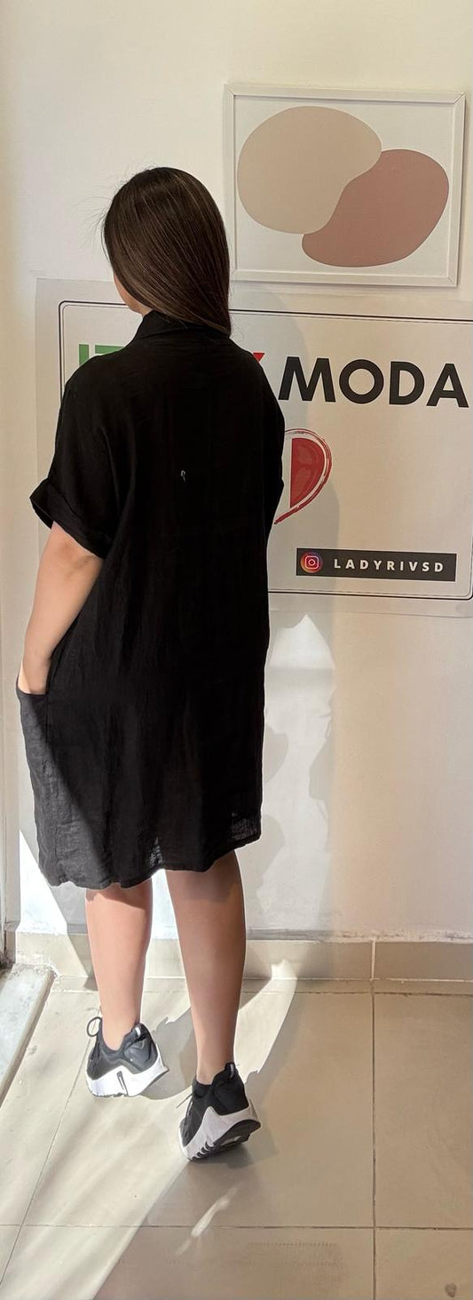 Siyah, %100 Keten, V Yaka, Cepli, Gipeli, İtalyan Elbise / STD Beden-38/46