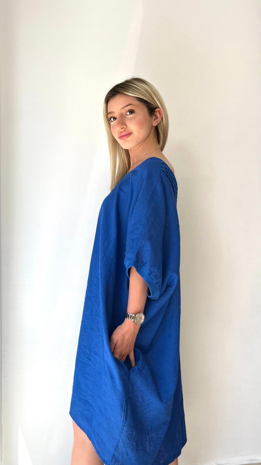 Saks Mavi, Sırtı Örgü Dantelli, Cepli, Keten-Pamuk Oversize Elbise