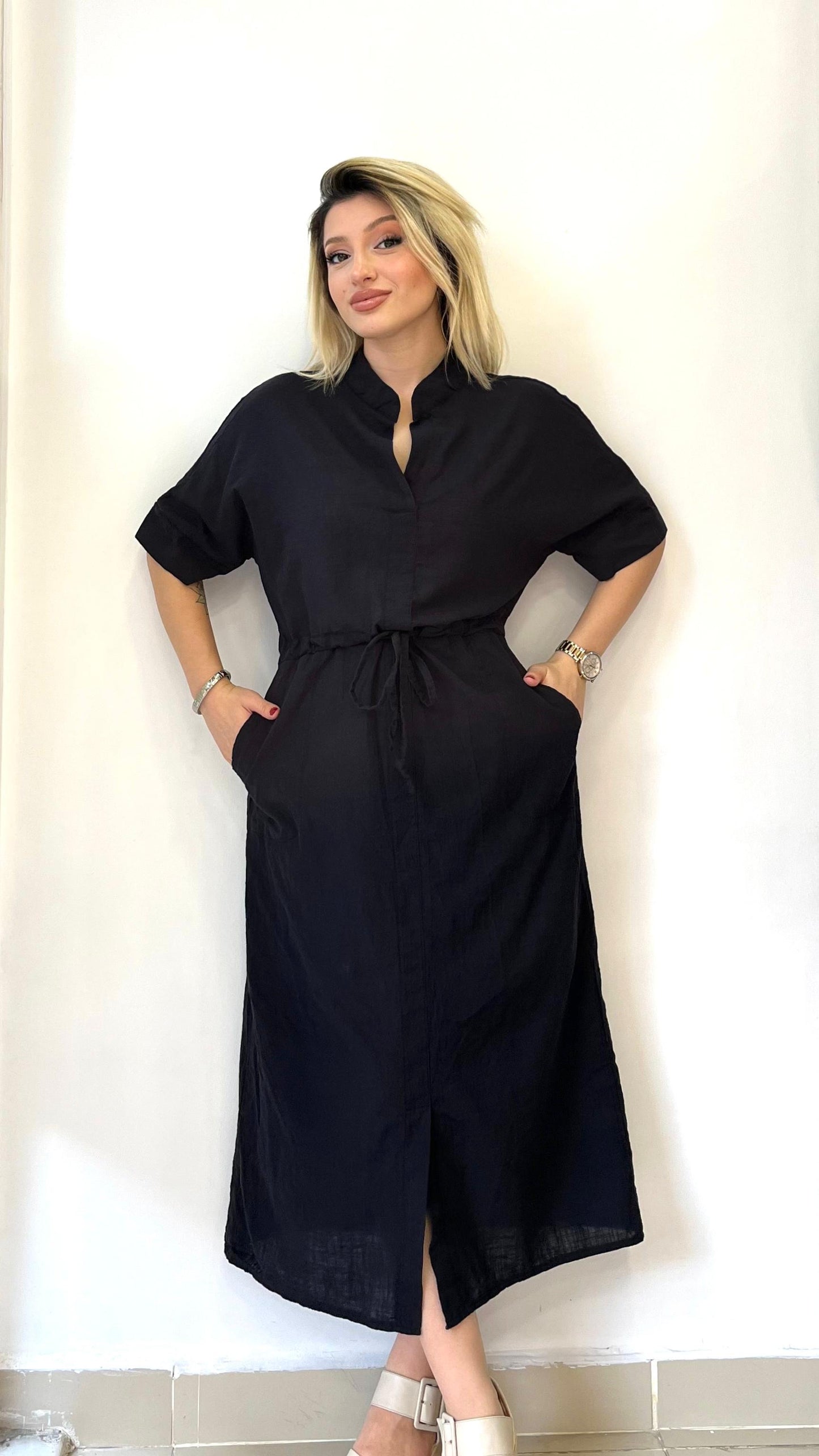 Siyah, %100 Pamuk, Beli İp Bağlamalı, Cepli Elbise