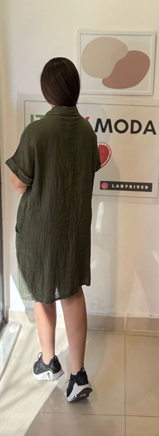 Haki, %100 Keten, V Yaka, Cepli, Gipeli, İtalyan Elbise / STD Beden-38/46